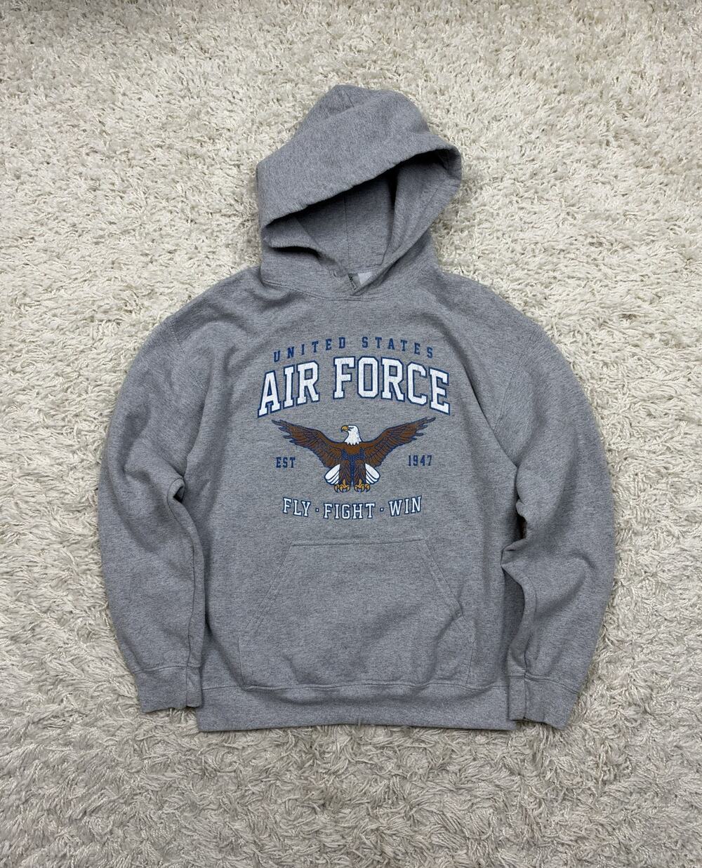 United States Air Force USAF Hoodie Gray M Eagle Fly Fight Win Est 1947 Pullover